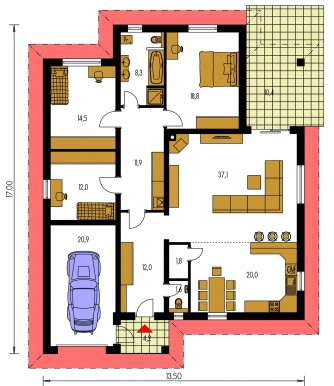 Spiegelverkehrter Entwurf | Grundriss des Erdgeschosses - BUNGALOW 132